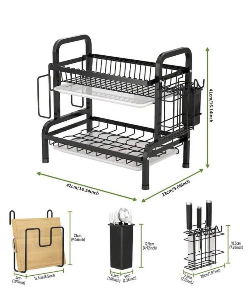 2-Tier Non-Rusty Dish Rack with Utensil Holder & Cutting Board – 42cm - Image 5