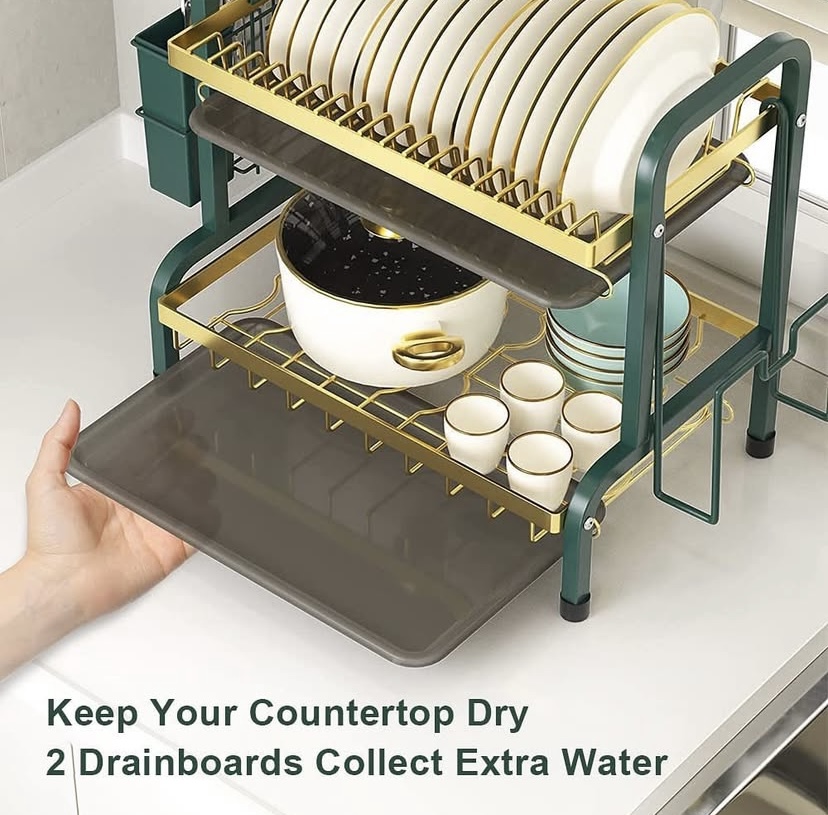 2-Tier Non-Rusty Dish Rack with Utensil Holder & Cutting Board – 42cm - Image 4