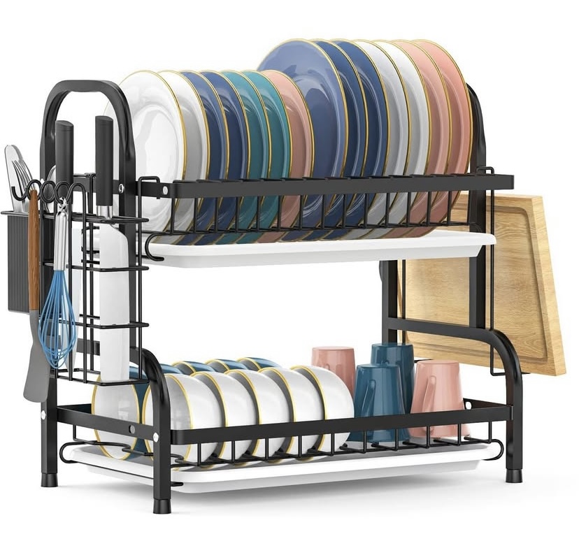 2-Tier Non-Rusty Dish Rack with Utensil Holder & Cutting Board – 42cm