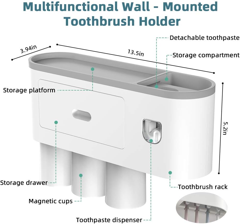 Menon 3-Cup Wall-Mounted Toothbrush Holder with Automatic Toothpaste Dispenser - Image 2