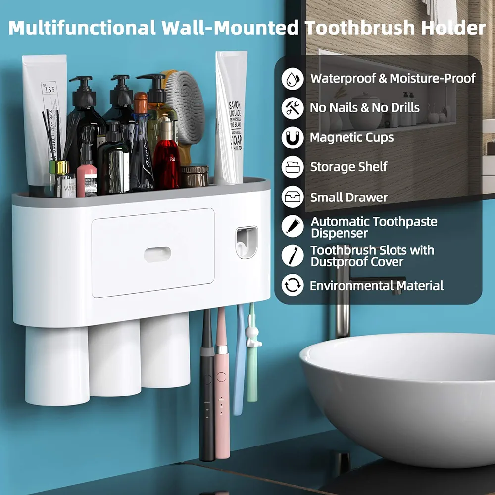 Menon 3-Cup Wall-Mounted Toothbrush Holder with Automatic Toothpaste Dispenser - Image 4