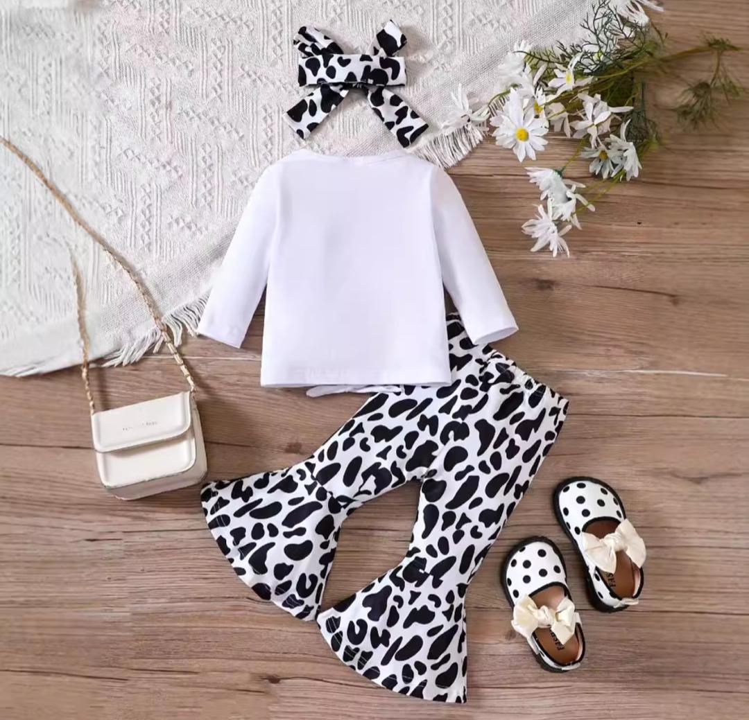 White Top with Black Leopard Print Flared Pants Set – 2 Years