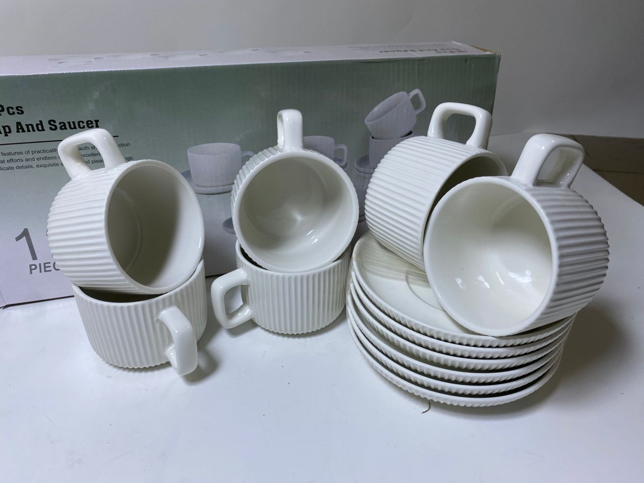 White Ribbed Cup and Saucer Set - 12 Pieces (6 Cups & 6 Saucers) - Image 3