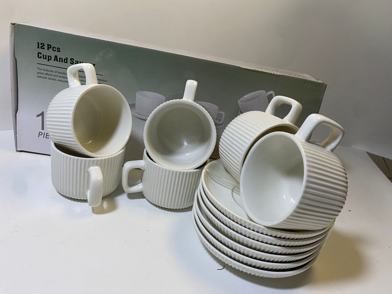 White Ribbed Cup and Saucer Set - 12 Pieces (6 Cups & 6 Saucers)