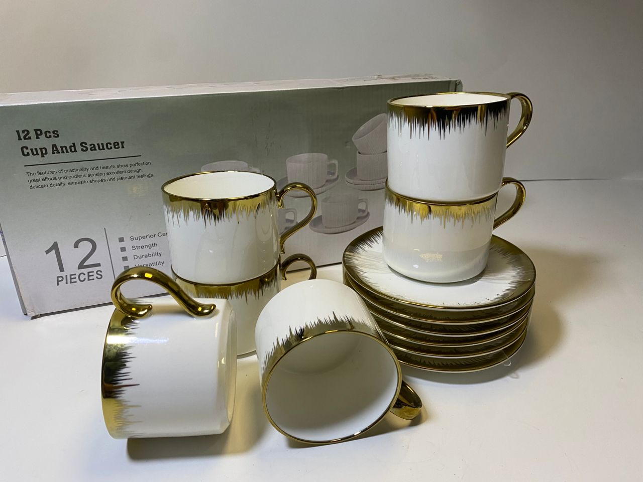 12-Piece Ceramic Cup and Saucer Set with Gold Trim - Image 2