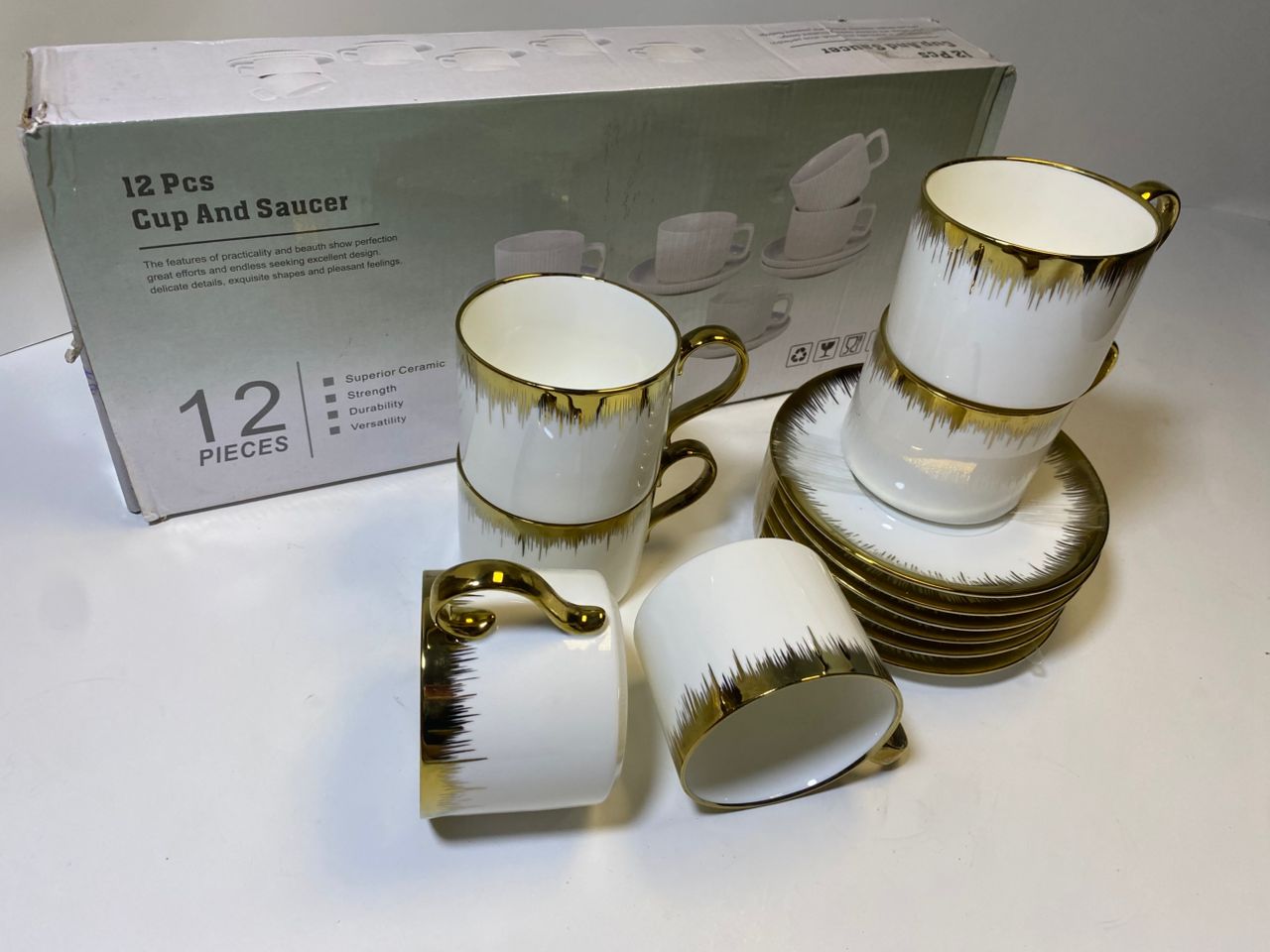 12-Piece Ceramic Cup and Saucer Set with Gold Trim