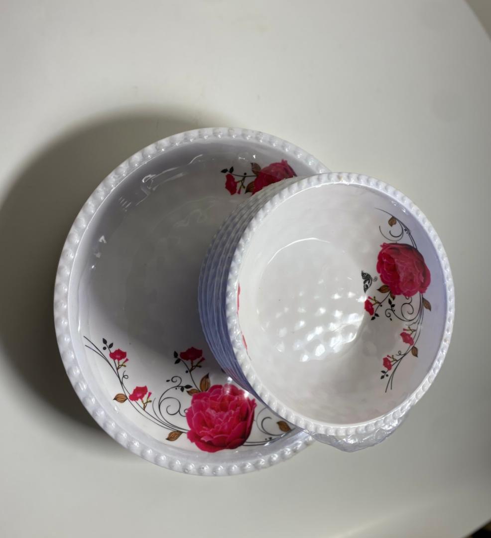 12-Piece Ceramic Plate Set - Curved & Flat Plates with Rose Design - Image 2