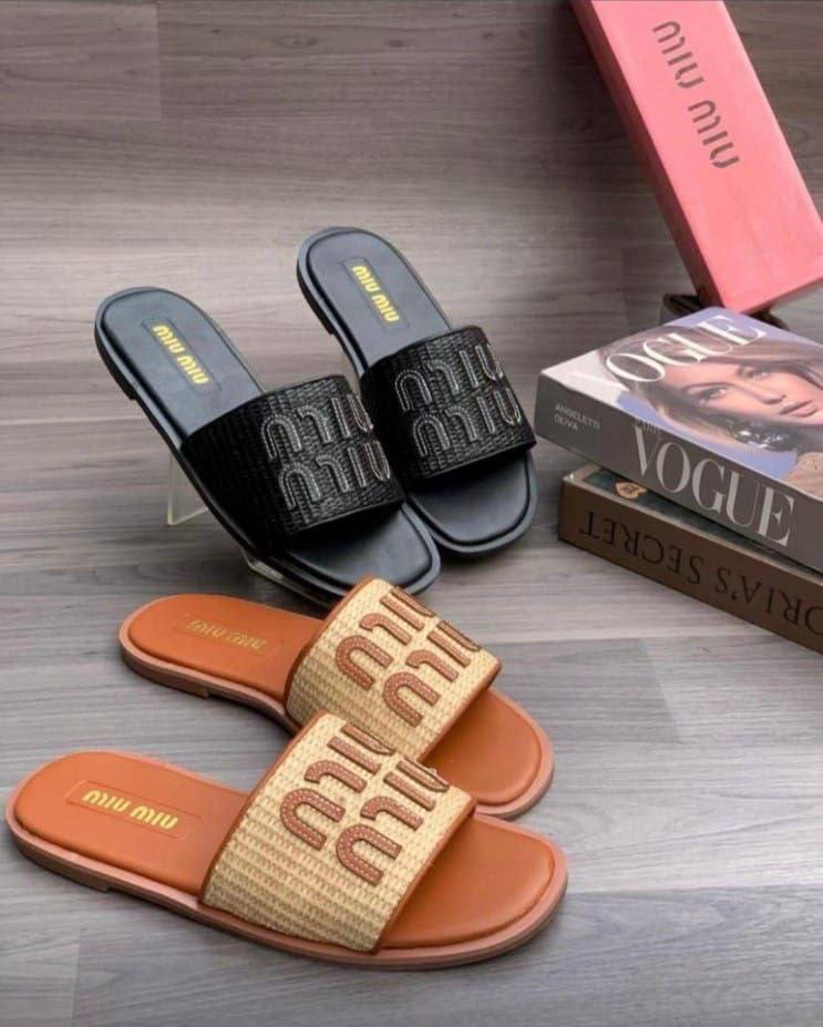 Miu Miu Woven Slides with Embroidered Logo