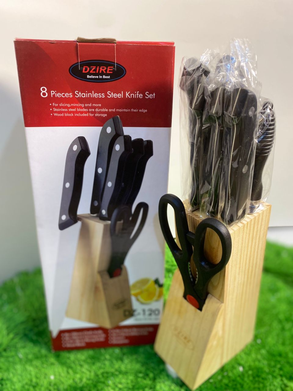 Dzire 8-Piece Stainless Steel Knife Set with Wooden Block & Sharpener (DZ-120) - Image 2