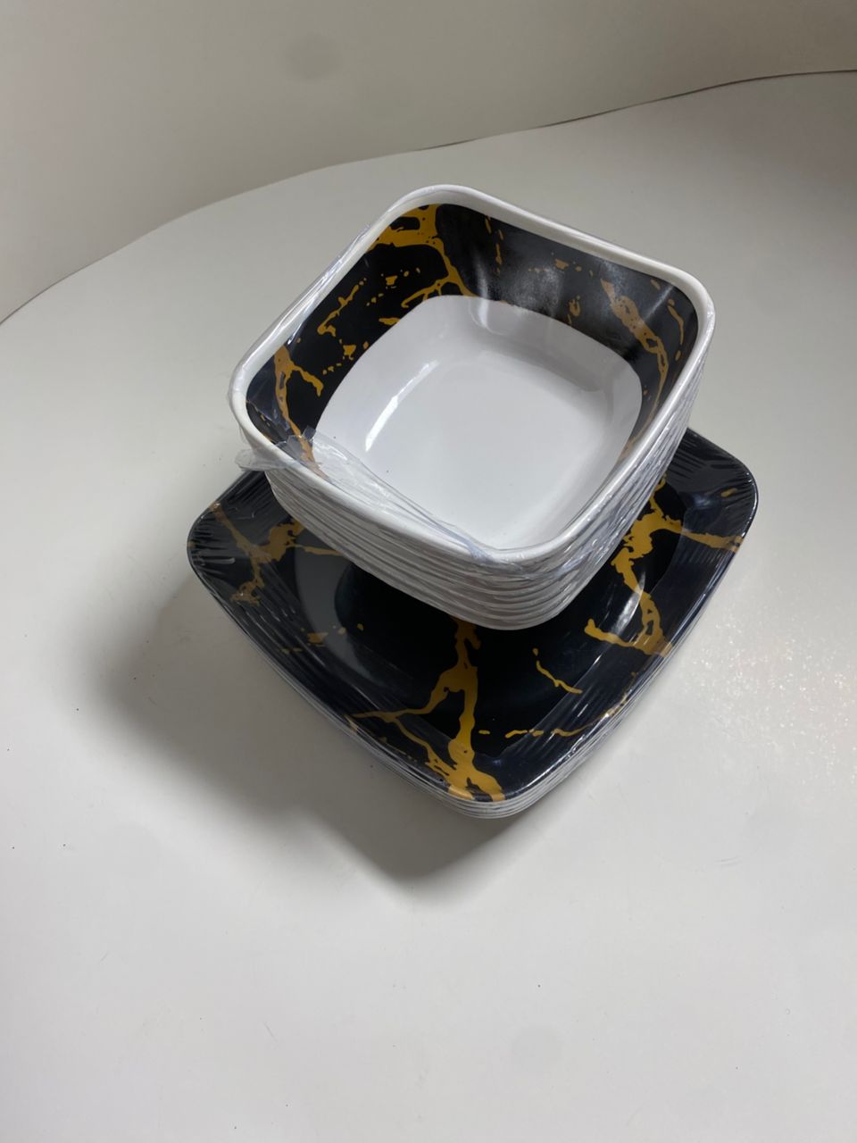12-Piece Black, White & Gold Ceramic Dinnerware Set – Curved & Flat Plates