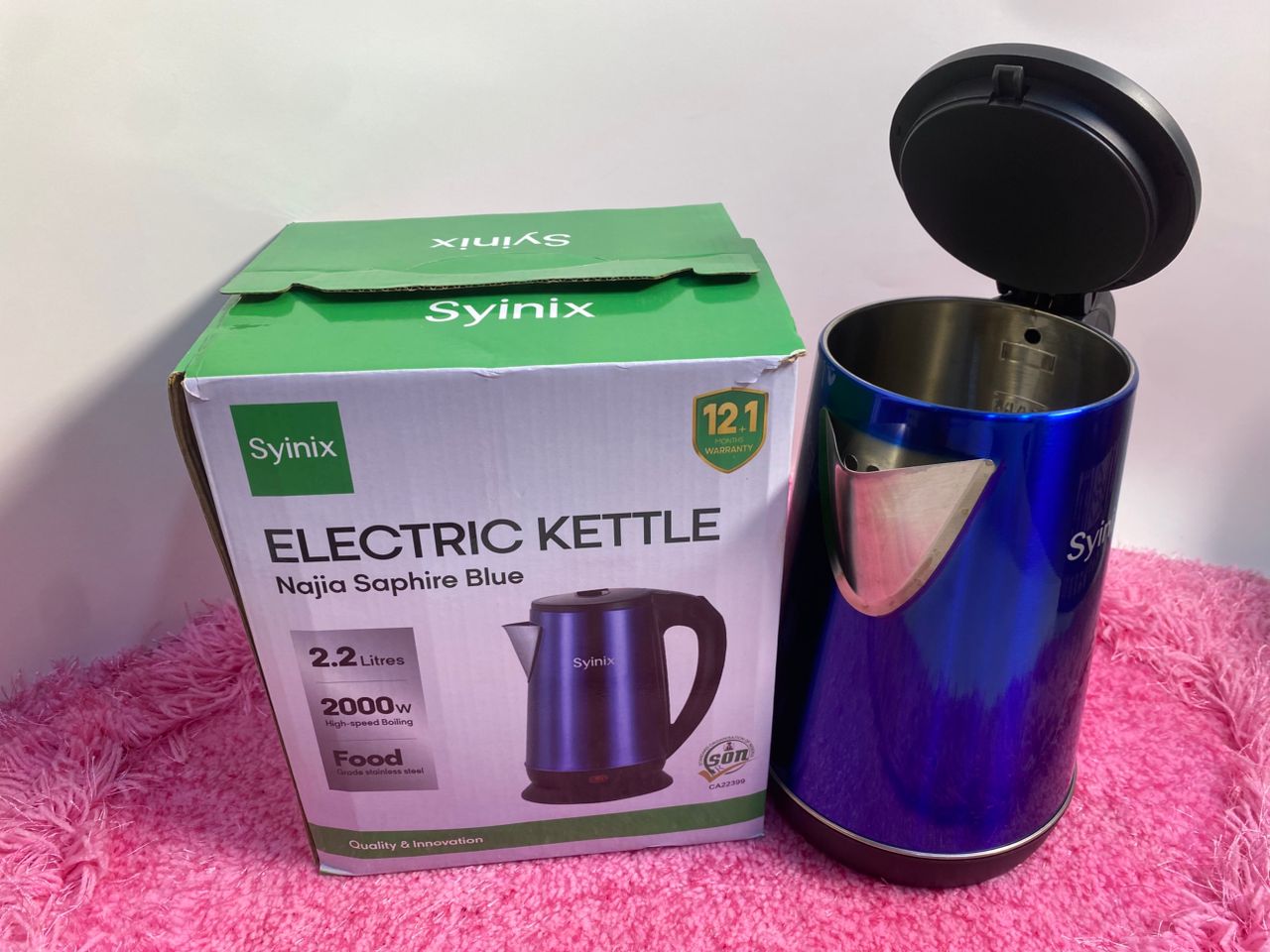 Syinix Electric Kettle 2.2L – Sapphire Blue with 360° Cordless Base - Image 2