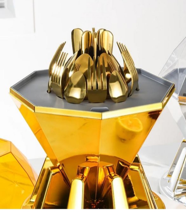 Luxury Gold Diamond-Shaped 24-Piece Rotating Cutlery Set with Storage Holder