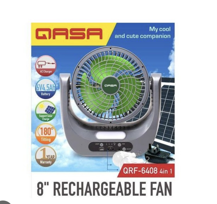 Qasa QRF-6408 8" Rechargeable Solar Fan - 4-in-1 with LED Lights & USB Charging - Image 2