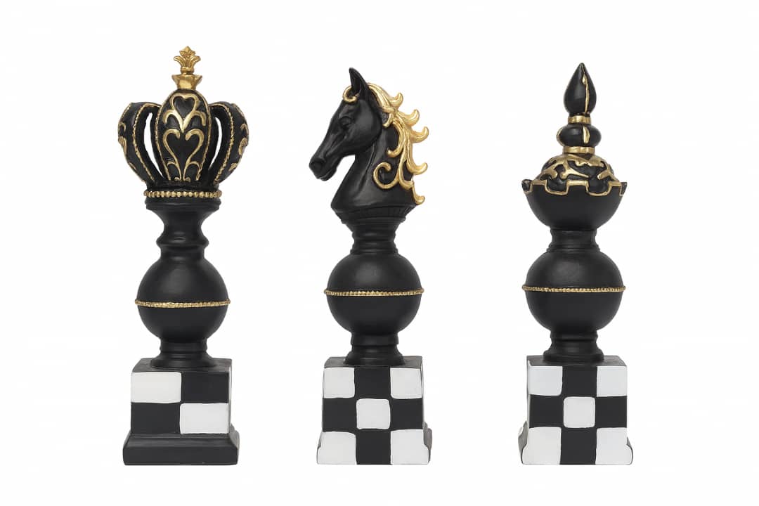 Royal Elite Chess Figurine Set - King, Knight & Bishop with Checkerboard Base