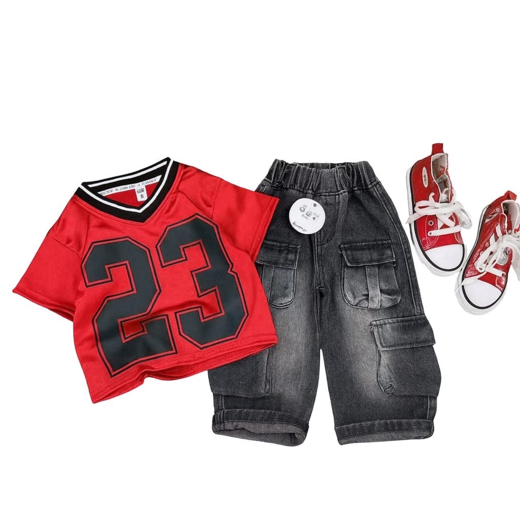 Kids Sport Outfit Set - Red Jersey & Cargo Shorts