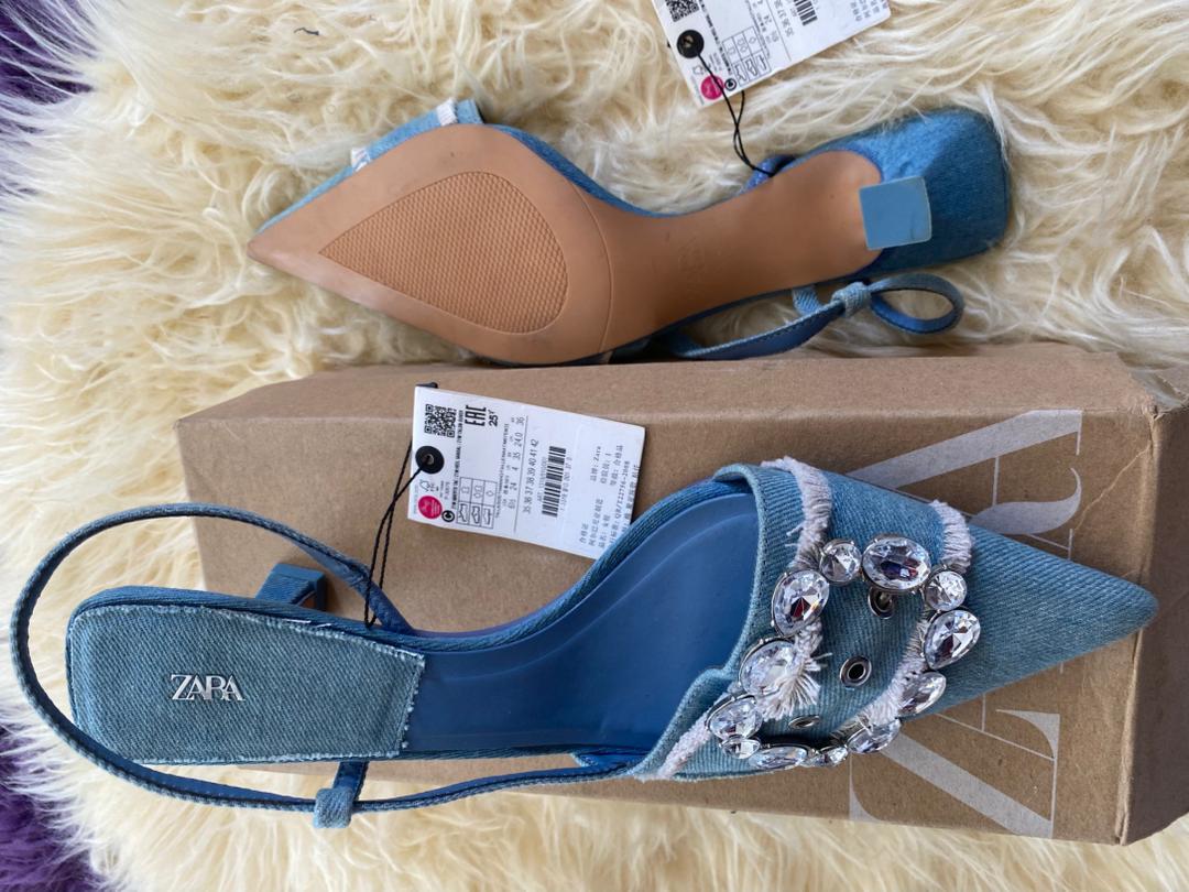 Zara Denim Slingback Kitten Heel with Crystal Embellishments - Image 2