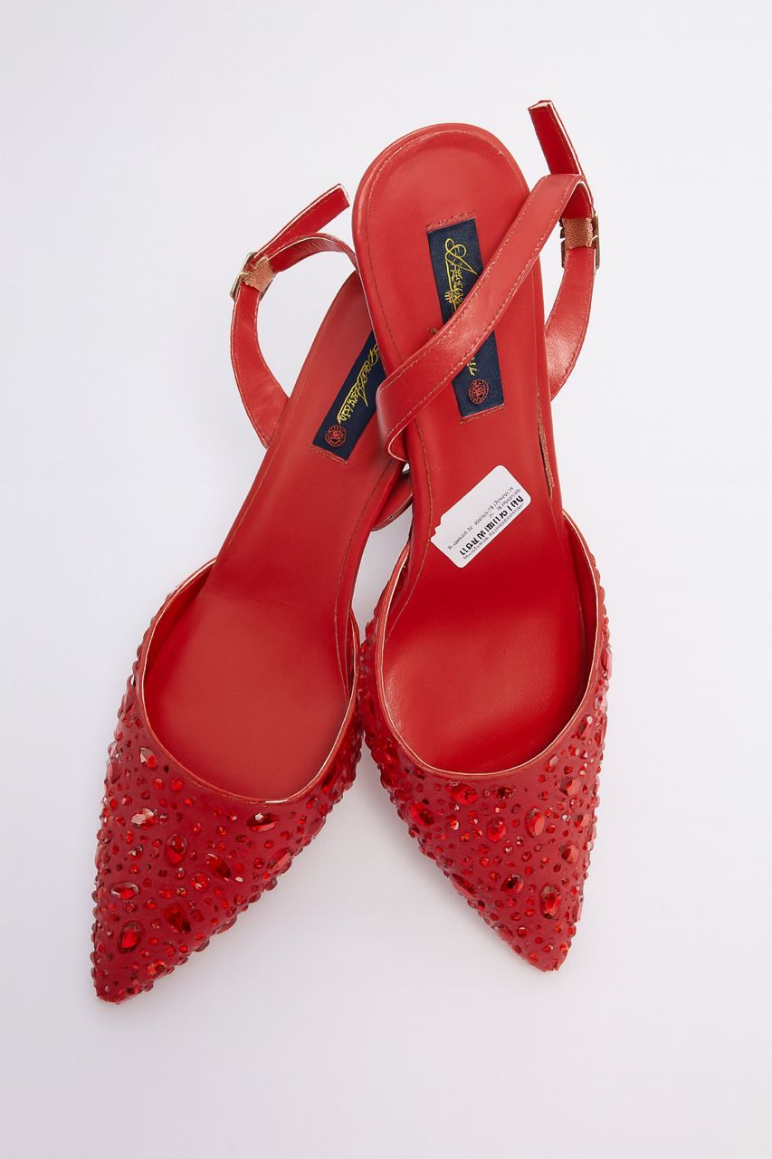 Red Rhinestone Pointed-Toe Slingback Heels