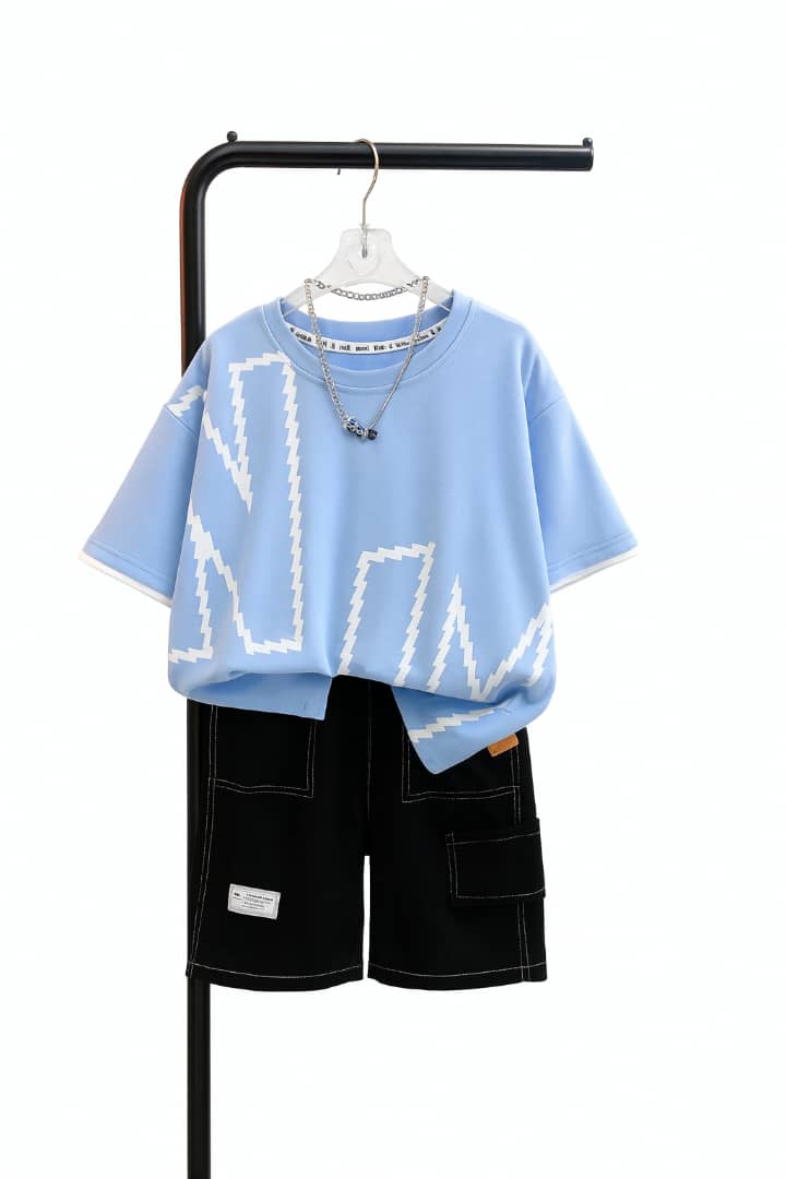 Blue Graphic Tee & Black Shorts Set