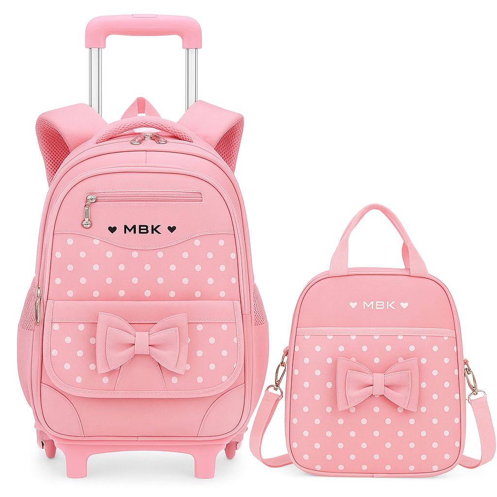 MBK Kids Rolling Backpack Set with Lunch Bag – Pink Polka Dot