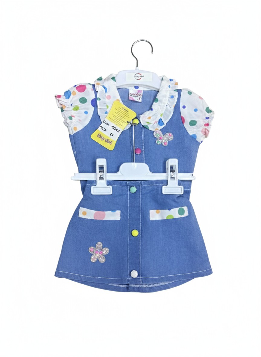Blue Denim Jumper with Polka Dot Blouse Set for Kids