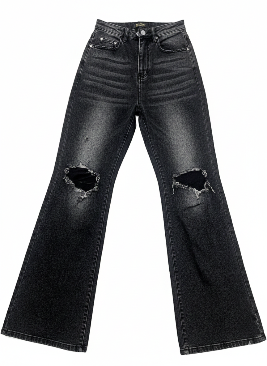 Edgy High-Rise Ripped Flared Jeans – Black Wash