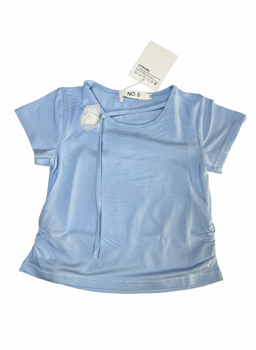 Sky Blue Sparkle Short-Sleeve Girls' Top with Flower Accent