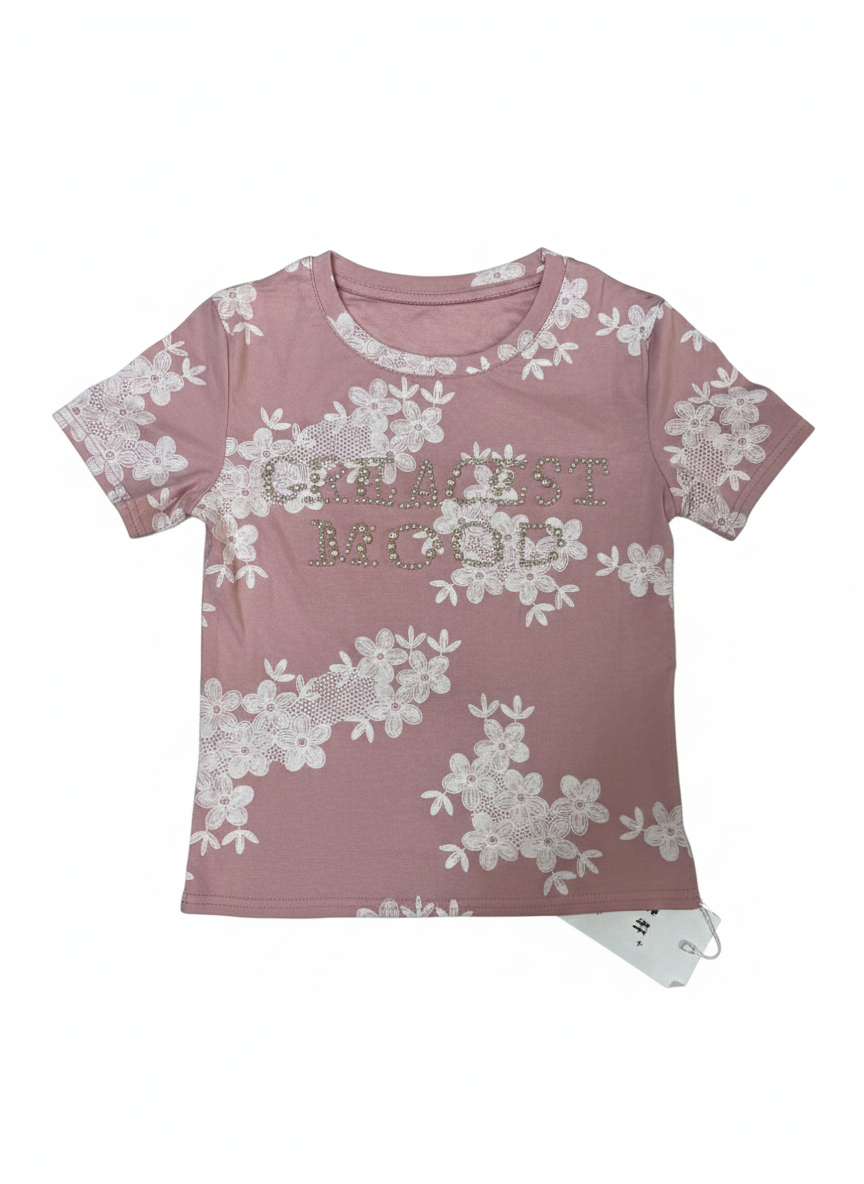 Floral Lace Girls' T-Shirt with Studded Embellishment