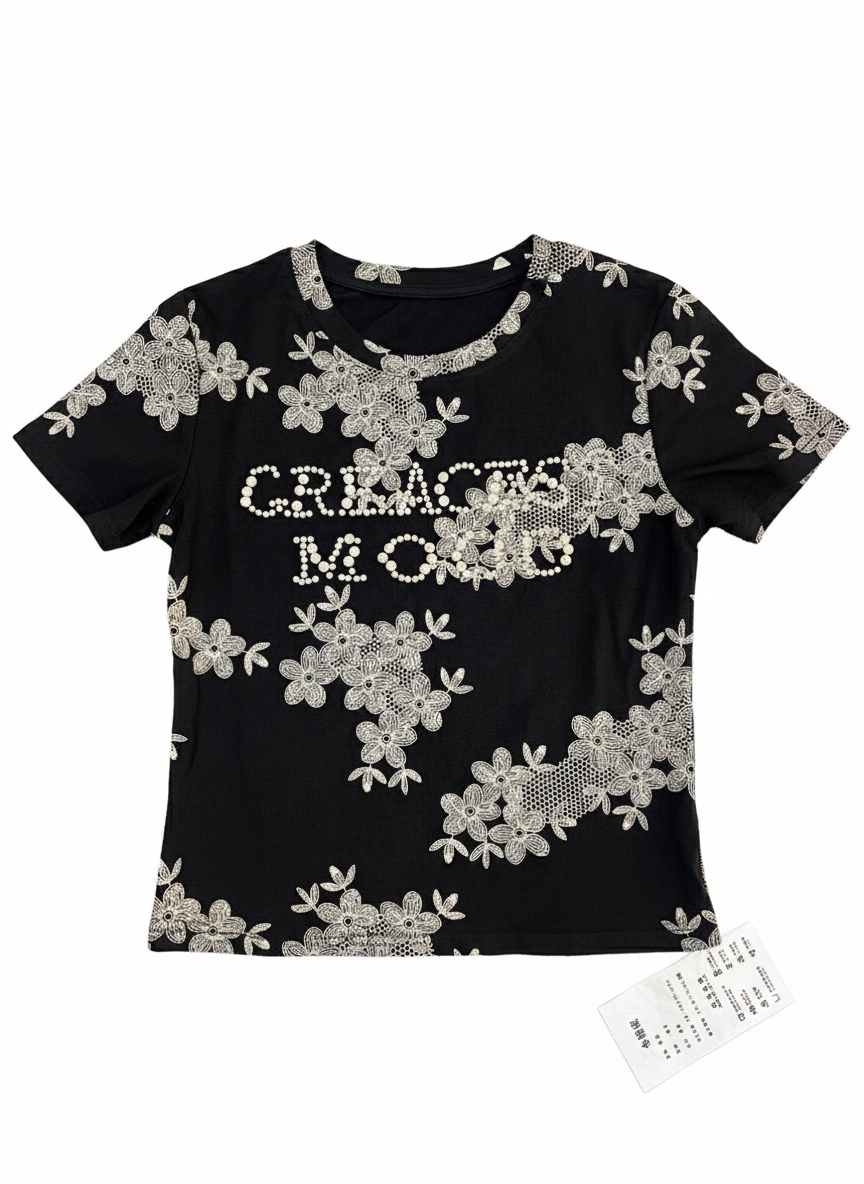 Floral Lace Girls' T-Shirt with Studded Embellishment - Image 2