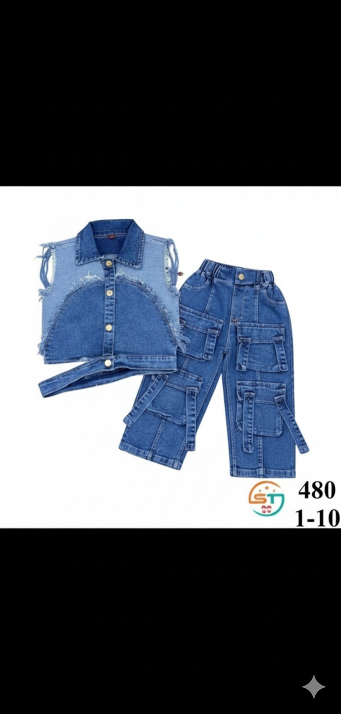 Urban Chic Denim Cargo Set – Cropped Vest & Multi-Pocket Pants