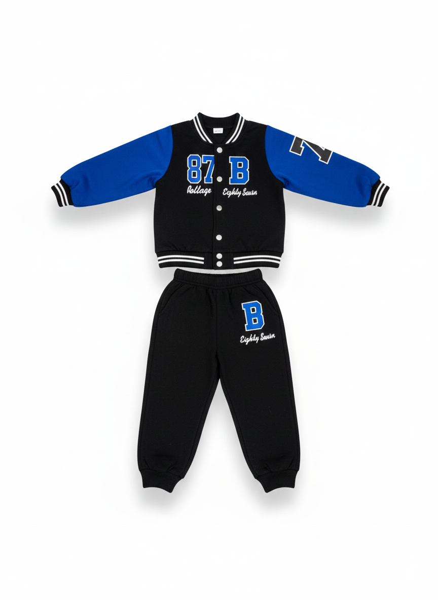 Kids Varsity Letterman Tracksuit Set - Black & Royal Blue