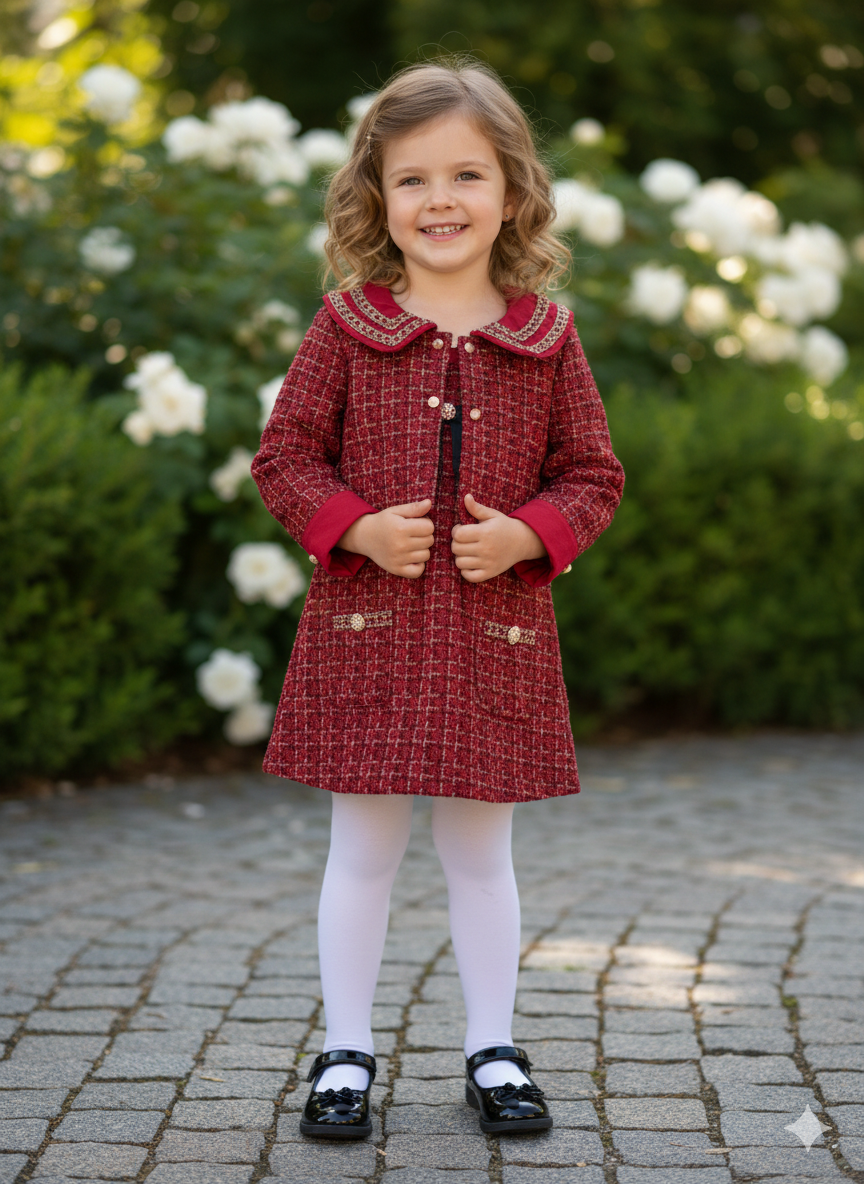 Girls' Red Tweed Two-Piece Dress and Jacket Set with Peter Pan Collar - Image 2