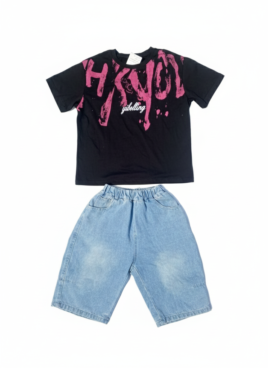 Kid's Street Style Set: Graphic Tee & Wide-Leg Denim Shorts