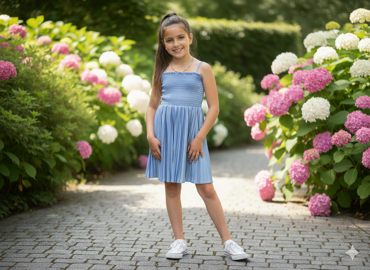 Girls' Powder Blue Pleated Sundress with Adjustable Straps - Image 3