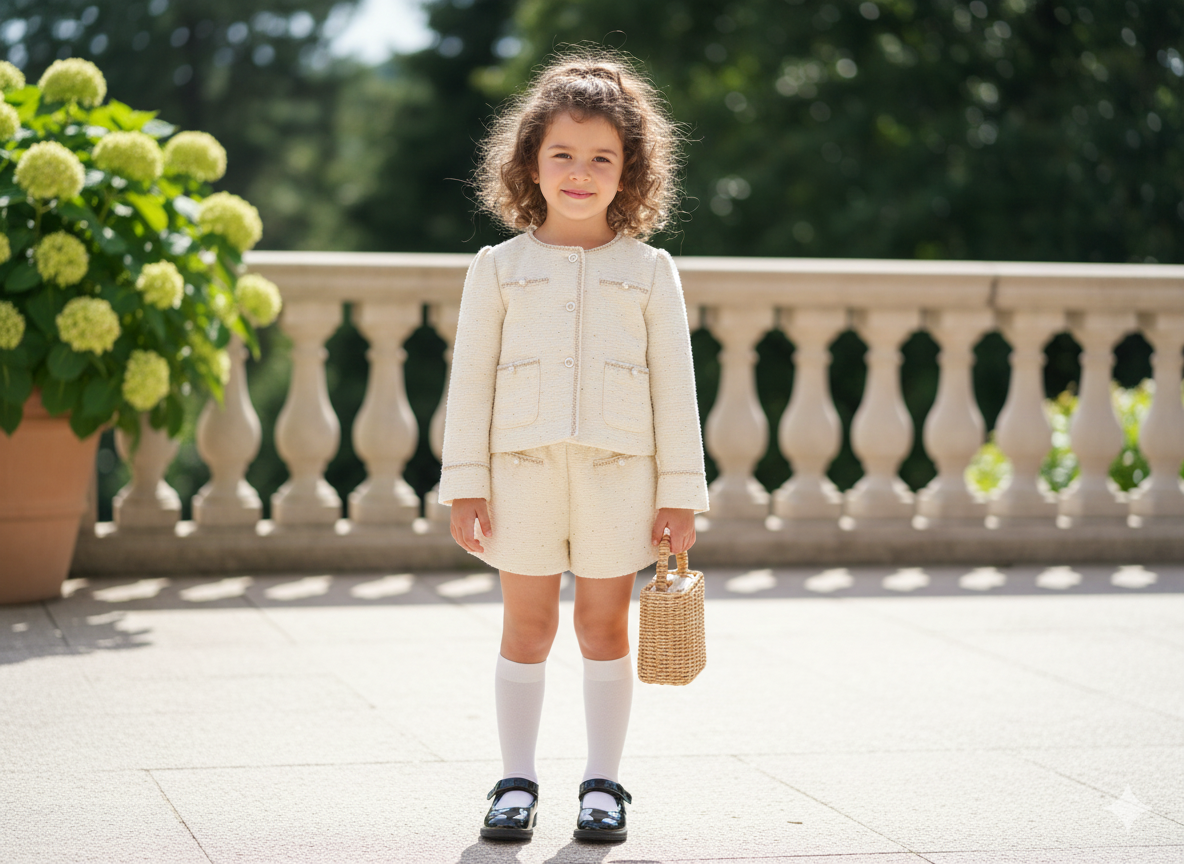 Little Darling's Elegant Tweed-Style Jacket & Shorts Set - Image 2