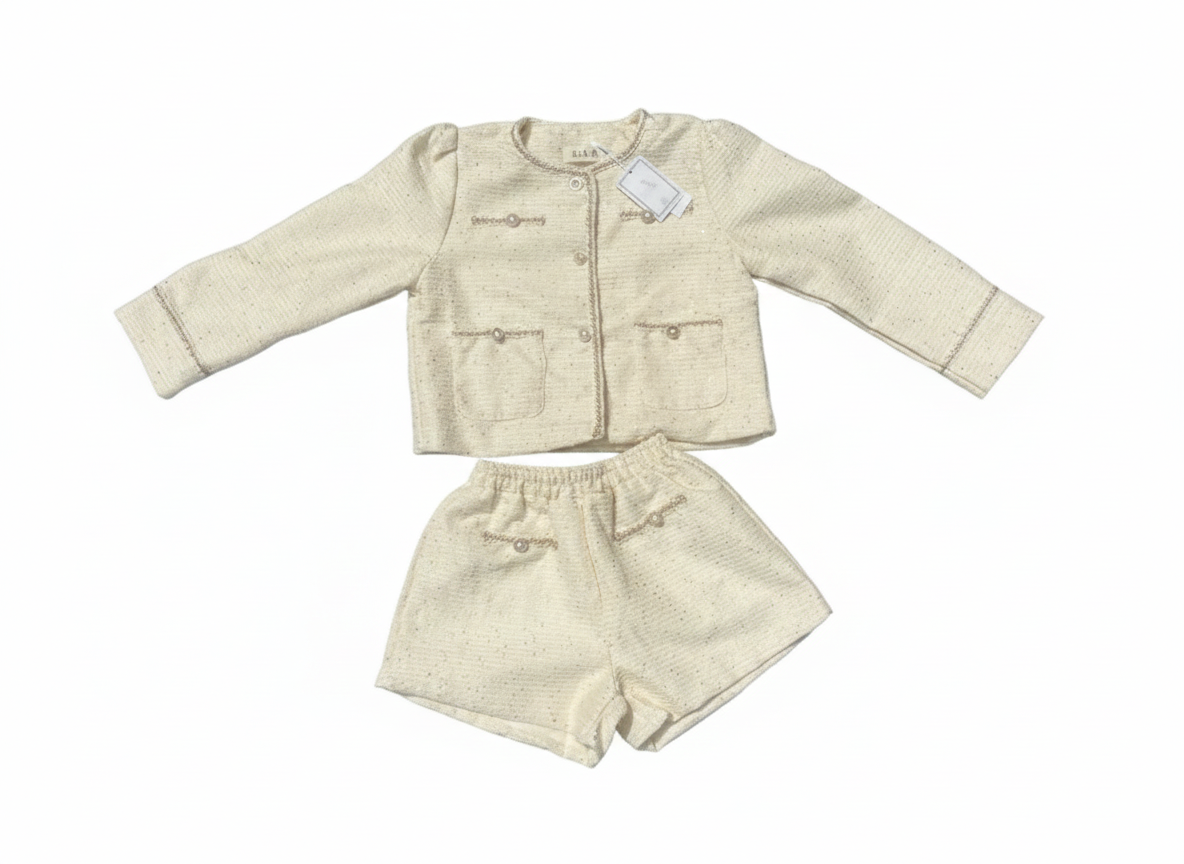 Little Darling's Elegant Tweed-Style Jacket & Shorts Set