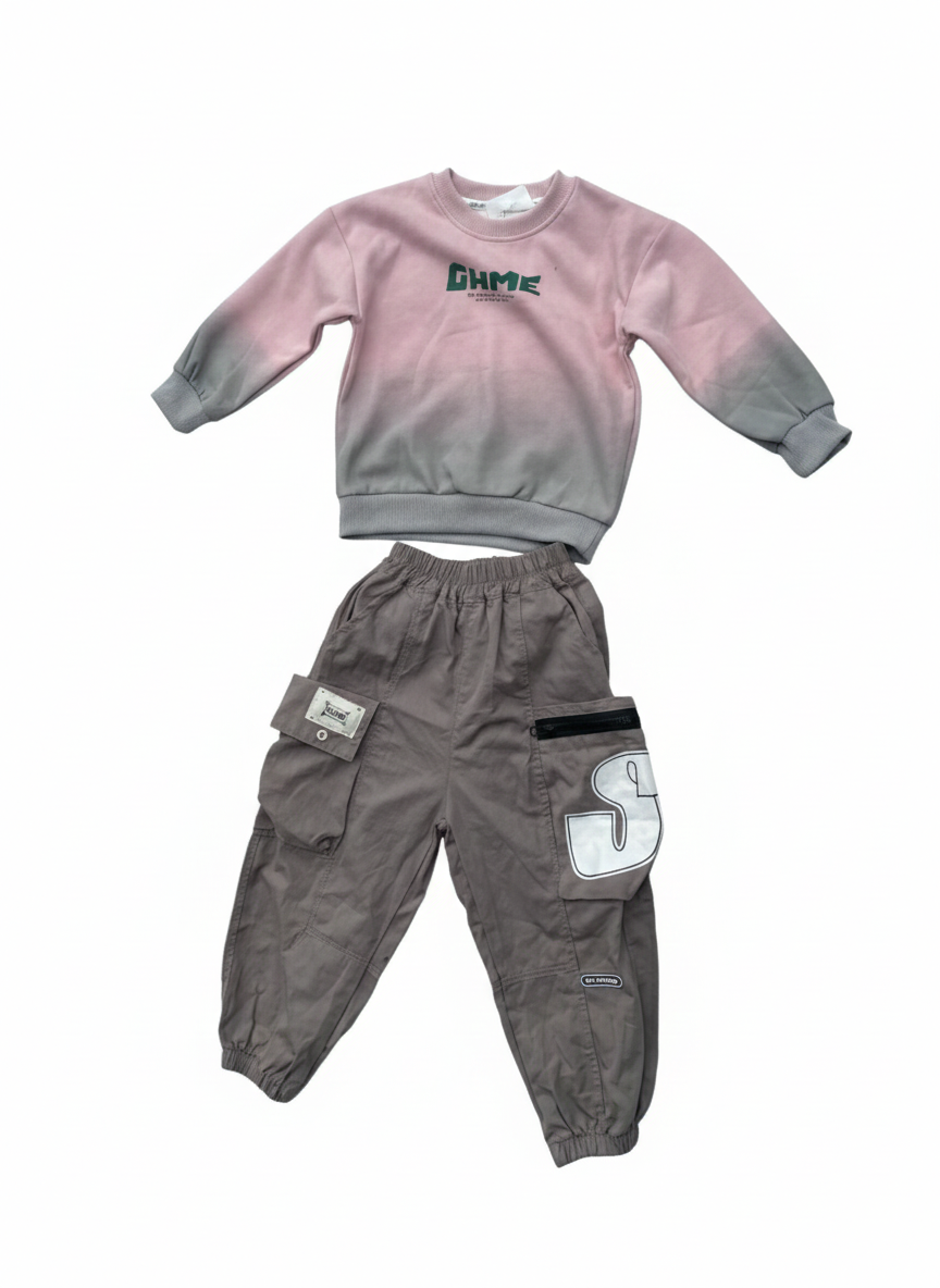 Pink to Grey Ombré Sweatshirt & Cargo Joggers Set