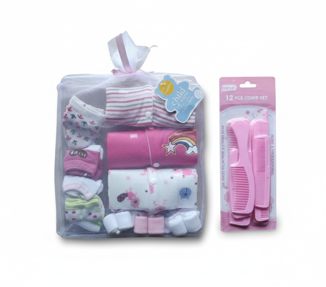 Baby Essentials Gift Set – Sleep Suit, Socks, Wash Cloth & Comb Combo (0–9 Months)