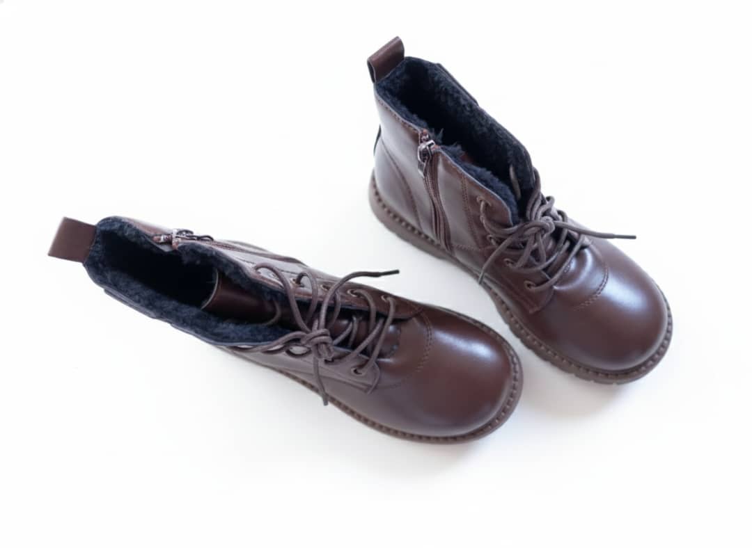 Brown Vegan Leather Combat Boots with Faux-Fur Lining - Image 2