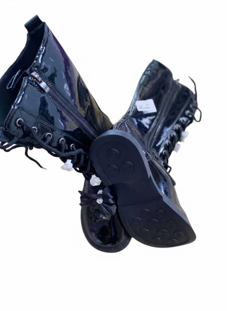 Girls' Floral Patent Ankle Boots with Lace-Up Closure - Image 2
