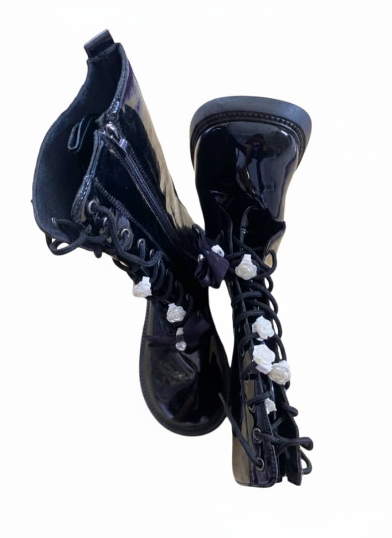 Girls' Floral Patent Ankle Boots with Lace-Up Closure - Image 3
