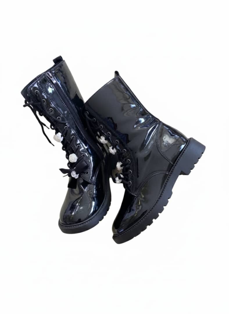 Girls' Floral Patent Ankle Boots with Lace-Up Closure