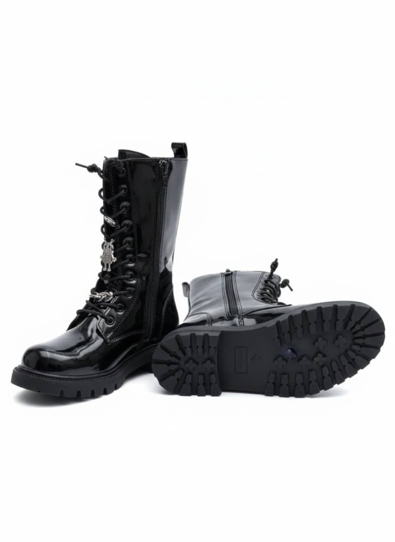Diamond Black Patent Leather Combat Boots for Kids - Image 2