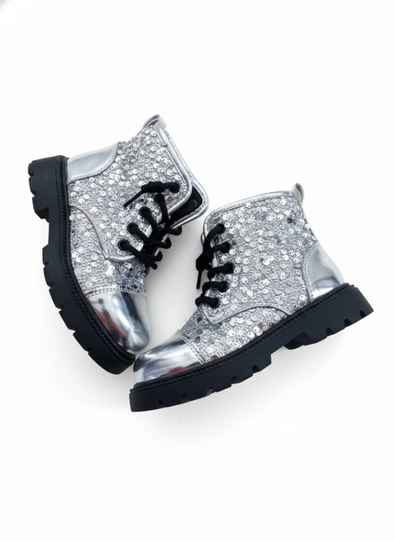 Silver Sequin Combat Boots with Side Zipper - Image 3
