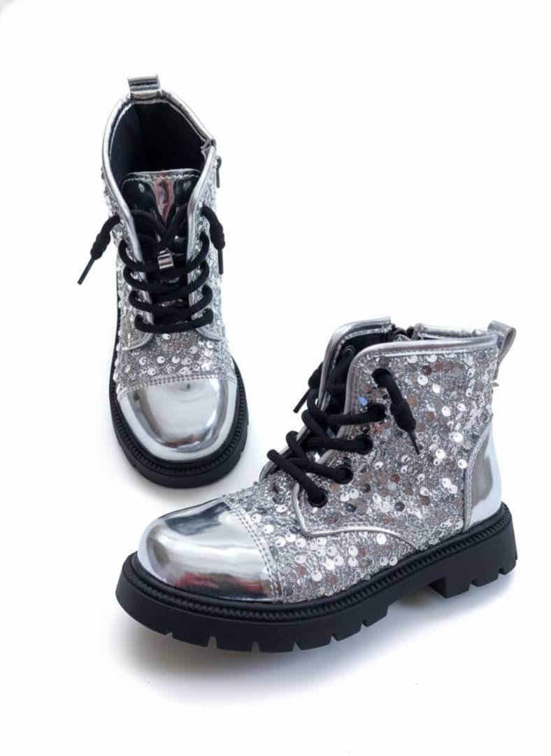 Silver Sequin Combat Boots with Side Zipper - Image 2