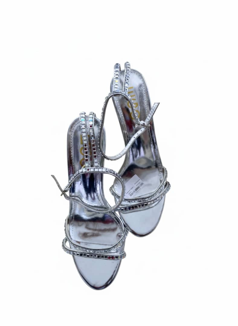 Silver Rhinestone Stiletto Sandals with Ankle Strap