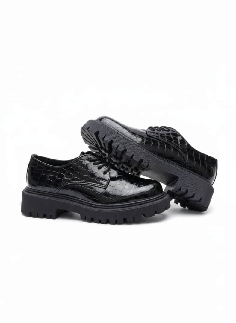 Black Croc-Embossed Patent Leather Platform Oxfords