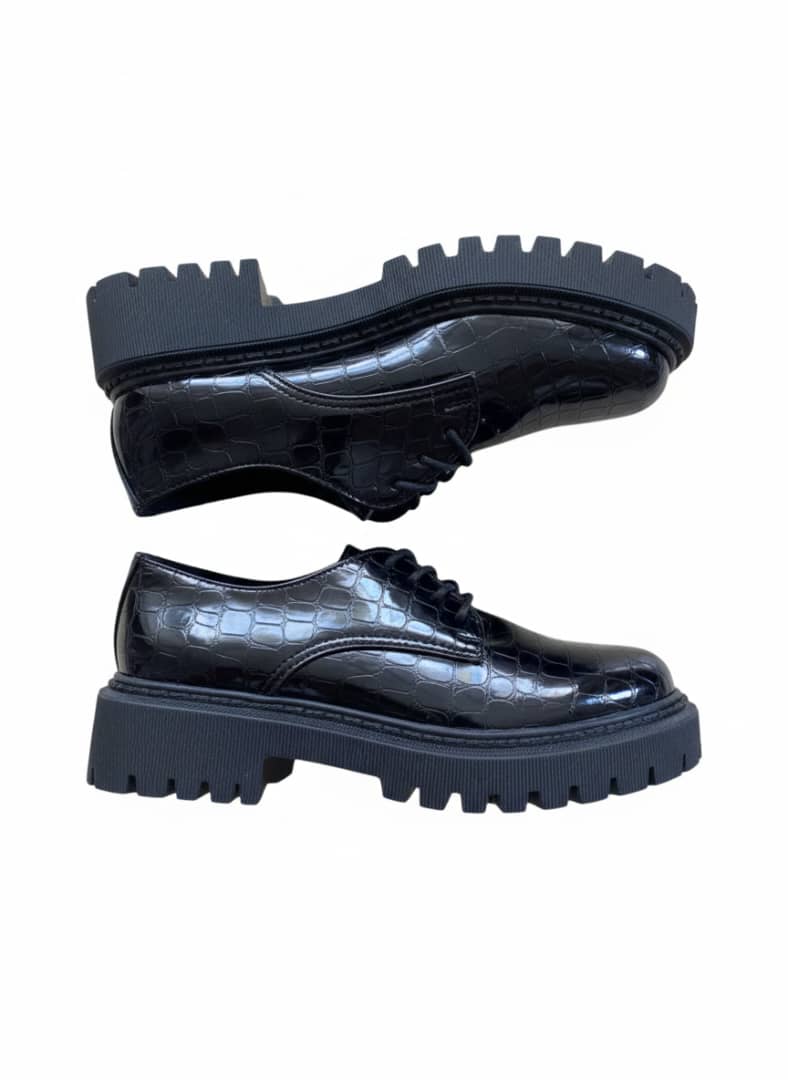 Black Croc-Embossed Patent Leather Platform Oxfords - Image 3