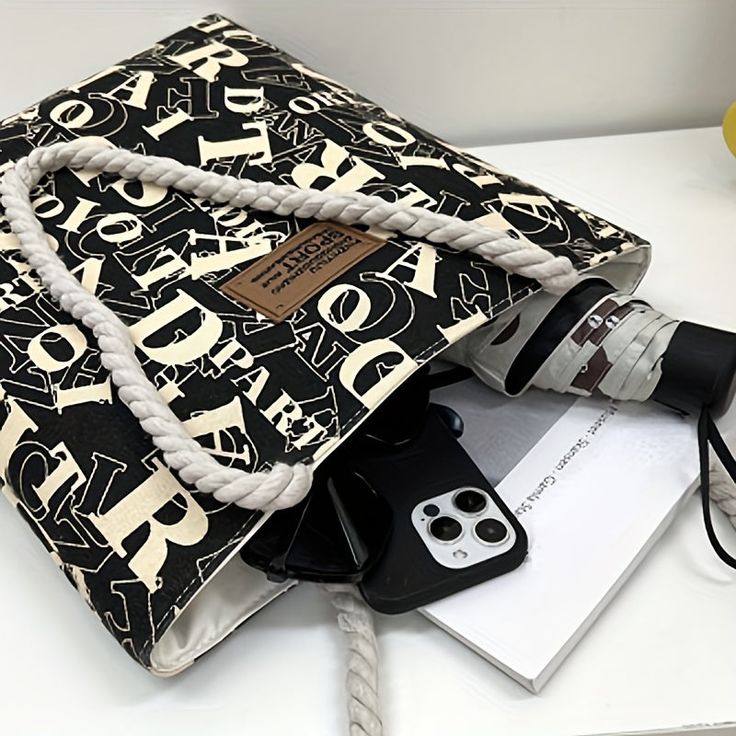 Letter Pattern Cotton Tote Bag with Rope Handles - Image 4