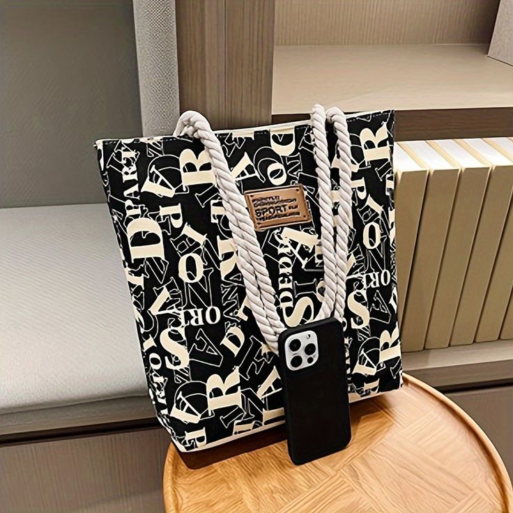 Letter Pattern Cotton Tote Bag with Rope Handles