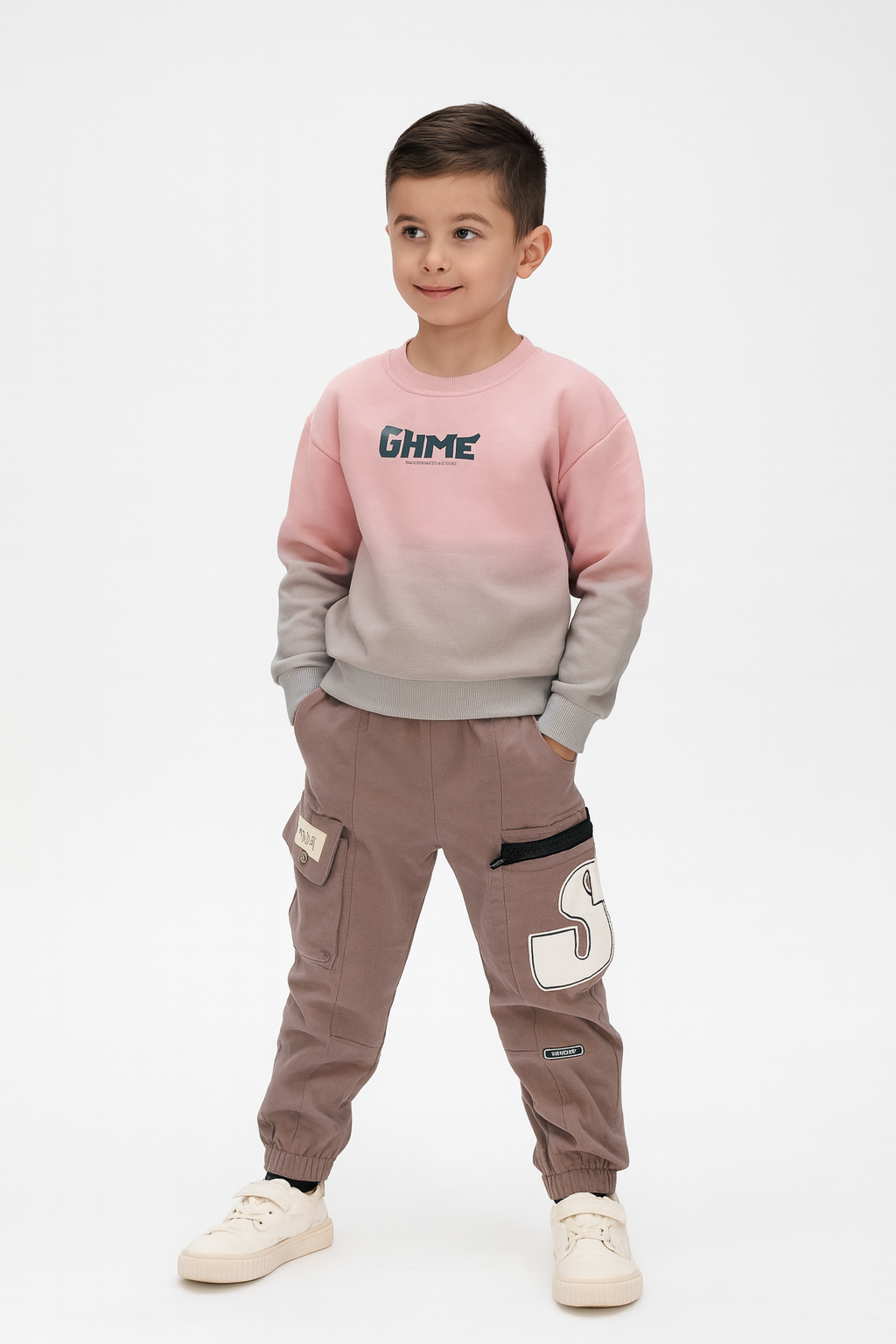 Pink to Grey Ombré Sweatshirt & Cargo Joggers Set - Image 2